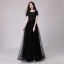 Chic / Belle Noire Robe De Soirée 2018 Princesse En Dentelle Appliques Paillettes Encolure Dégagée Dos Nu Manches Courtes Longue Robe De Ceremonie