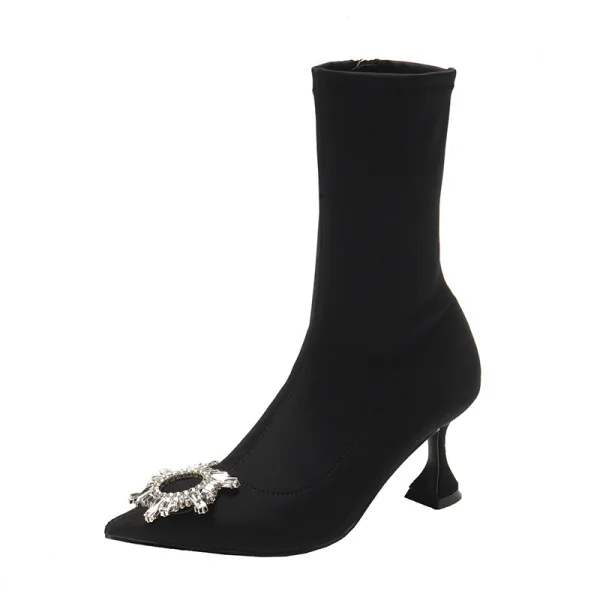 Schöne Schwarz Freizeit Stiefel Damen 2020 Strass 5 cm Stilettos Spitzschuh Stiefel