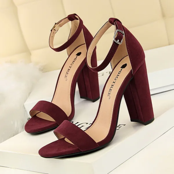 Erschwinglich Nude Freizeit Sandalen Damen 2020 Wildleder Knöchelriemen 9 cm Thick Heels Peeptoes Sandaletten