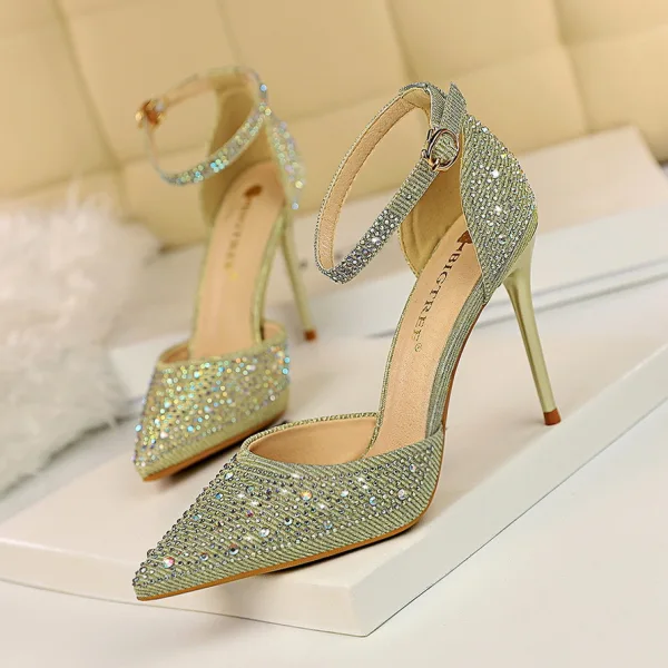 Charmant Rougissant Rose Soirée Faux Diamant Chaussures Femmes 2020 Perlage Bride Cheville 10 cm Talons Aiguilles À Bout Pointu Talons