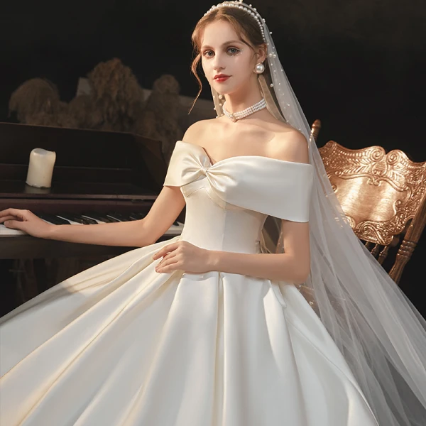 Modest / Simple Elegant Ivory Satin Wedding Dresses 2021 Ball Gown Off-The-Shoulder Bow Short Sleeve Backless Cathedral Train Wedding