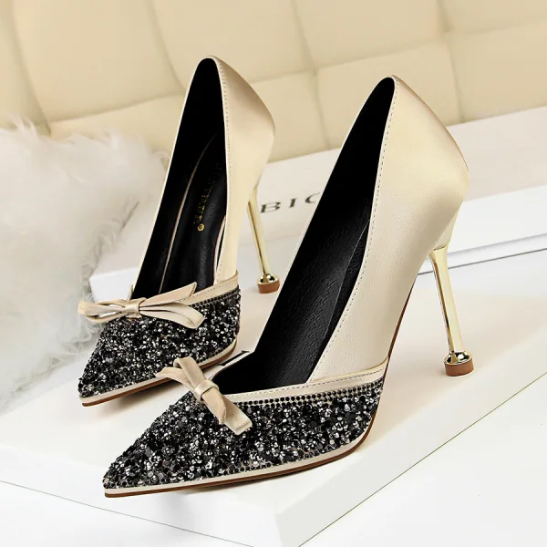 Mode Gris Soirée Escarpins 2020 Noeud Faux Diamant Paillettes 10 cm Talons Aiguilles À Bout Pointu Escarpins