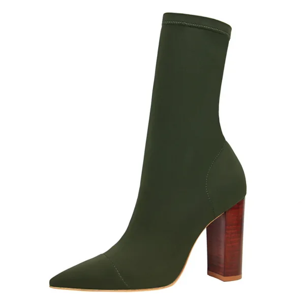 Modest / Simple Dark Green Street Wear Womens Boots 2020 9 cm Thick Heels Pointed Toe Boots