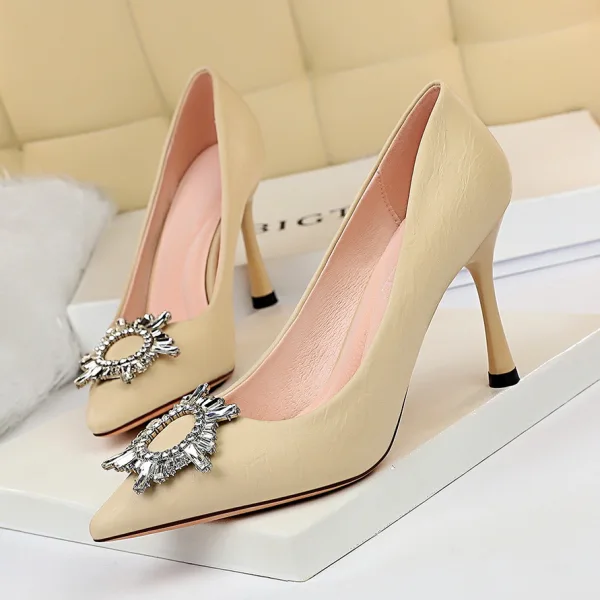 Abordable Noire Cocktail Faux Diamant Escarpins 2020 9 cm Talons Aiguilles À Bout Pointu Escarpins