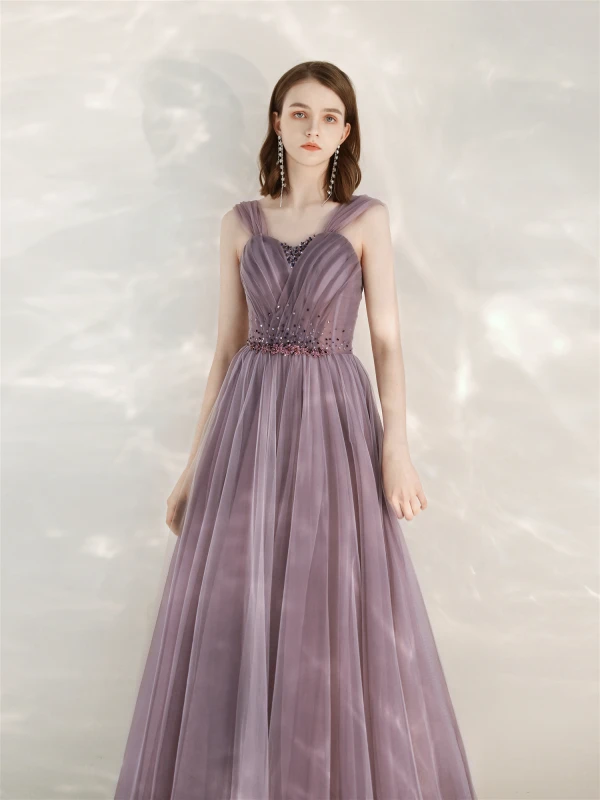 Classy Purple Prom Dresses 2020 A-Line / Princess V-Neck Rhinestone Sequins Sleeveless Backless Floor-Length / Long Formal Dresses