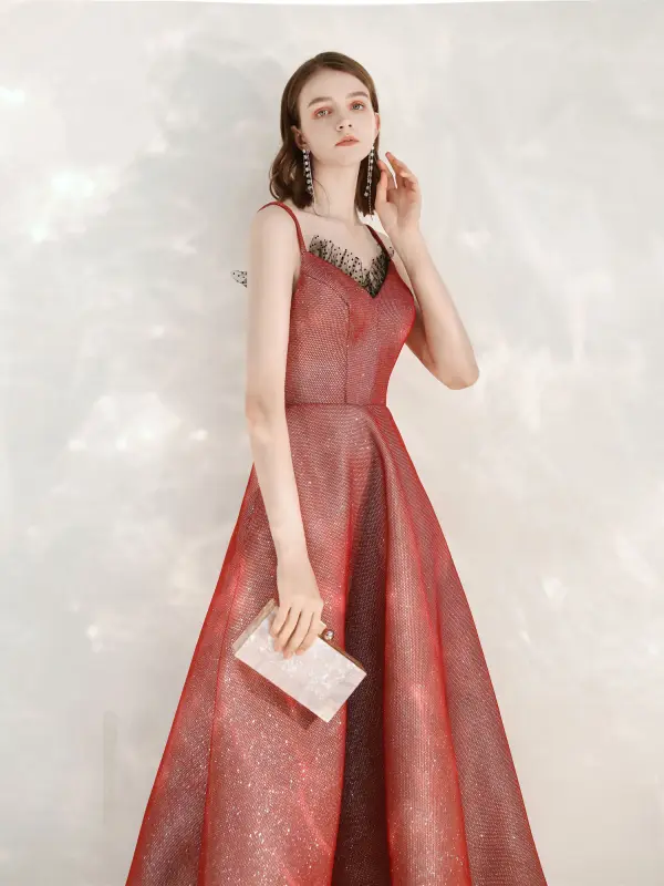 Scintillantes Glitter Rouge Robe De Bal 2020 Princesse Bretelles Spaghetti Sans Manches Dos Nu Longue Robe De Ceremonie