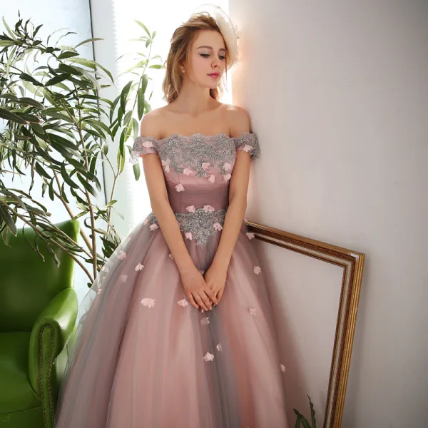 Vintage / Retro Blushing Pink Prom Dresses 2018 Ball Gown Appliques Beading Crystal Sequins Off-The-Shoulder Backless Sleeveless Floor-Length / Long Formal Dresses