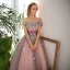 Vintage / Retro Blushing Pink Prom Dresses 2018 Ball Gown Appliques Beading Crystal Sequins Off-The-Shoulder Backless Sleeveless Floor-Length / Long Formal Dresses