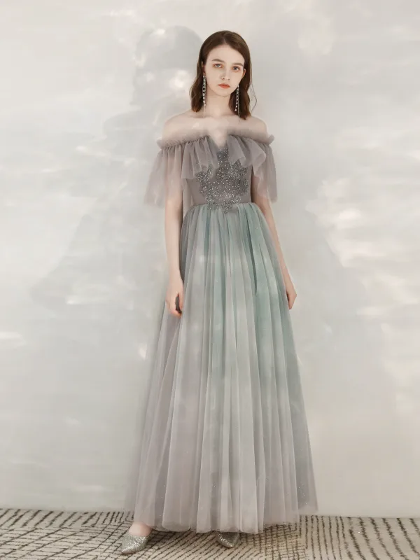 Charmant Gris Glitter Robe De Soirée 2020 Princesse De l'épaule Faux Diamant En Dentelle Fleur Manches Courtes Dos Nu Longue Robe De Ceremonie