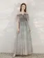 Charmant Gris Glitter Robe De Soirée 2020 Princesse De l'épaule Faux Diamant En Dentelle Fleur Manches Courtes Dos Nu Longue Robe De Ceremonie