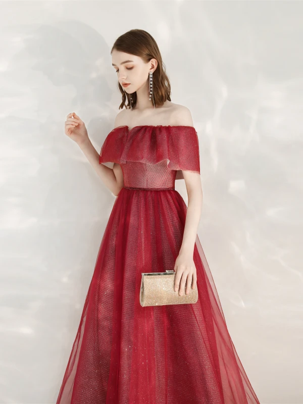 Scintillantes Bordeaux Glitter Robe De Soirée 2020 Princesse De l'épaule Manches Courtes Dos Nu Longue Robe De Ceremonie