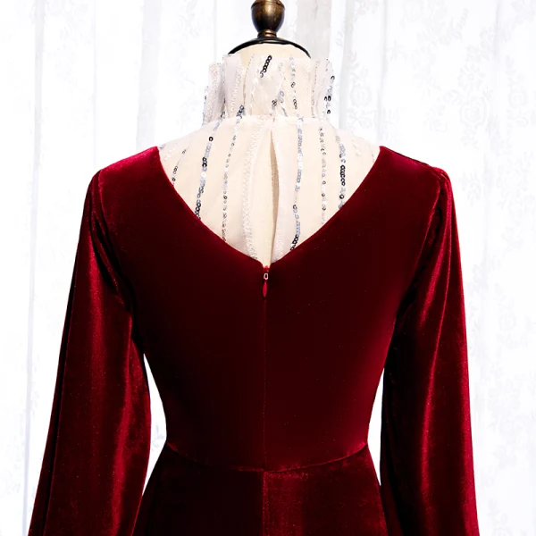 Elegant Burgundy Evening Dresses 2020 A-Line / Princess Suede High Neck Sequins Long Sleeve Floor-Length / Long Formal Dresses
