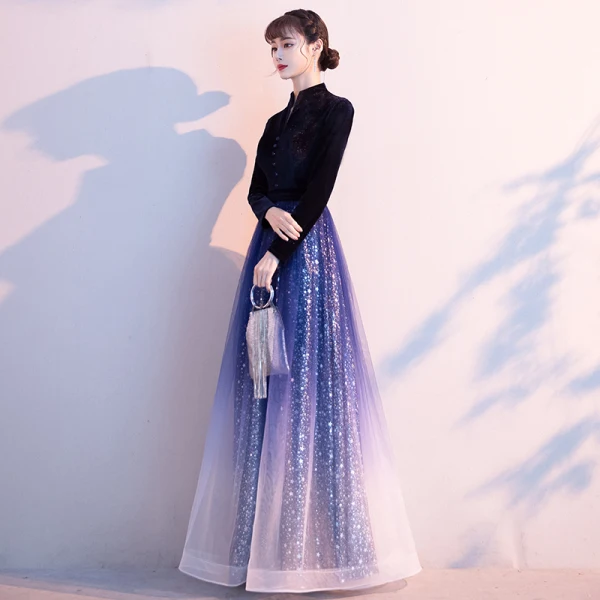 Scintillantes Océan Bleu Dégradé De Couleur Ciel étoilé Robe De Soirée 2020 Princesse Style Chinois Daim V-Cou Étoile Paillettes Manches Longues Longue Robe De Ceremonie