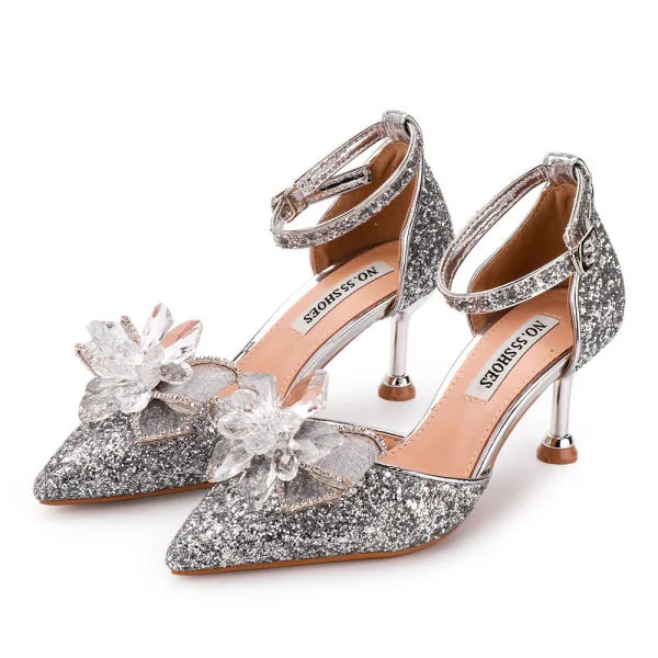 Scintillantes Argenté Chaussure De Mariée 2020 Cristal Faux Diamant Paillettes Bride Cheville 6 cm Talons Aiguilles À Bout Pointu Mariage Talons Hauts