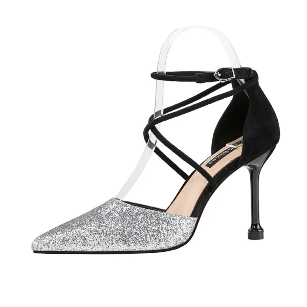 Affordable Silver Evening Party Sequins Womens Shoes 2020 X-Strap 9 cm Stiletto Heels Pointed Toe Heels