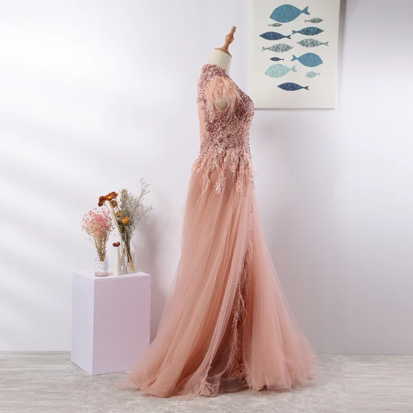 Luxury / Gorgeous Pearl Pink Evening Dresses 2020 A-Line / Princess U-Neck Tassel Handmade Beading Rhinestone Lace Flower Sleeveless Sweep Train Formal Dresses