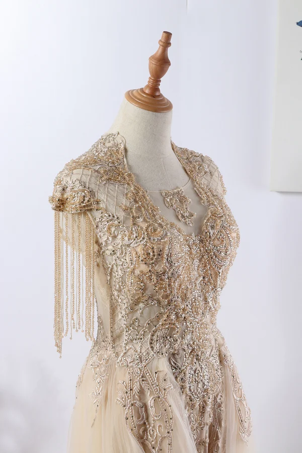 Luxe Élégant Beige Fait main Robe De Soirée 2020 Princesse U-Cou Perlage Gland Cristal Faux Diamant En Dentelle Fleur Sans Manches Dos Nu Train De Balayage Robe De Ceremonie