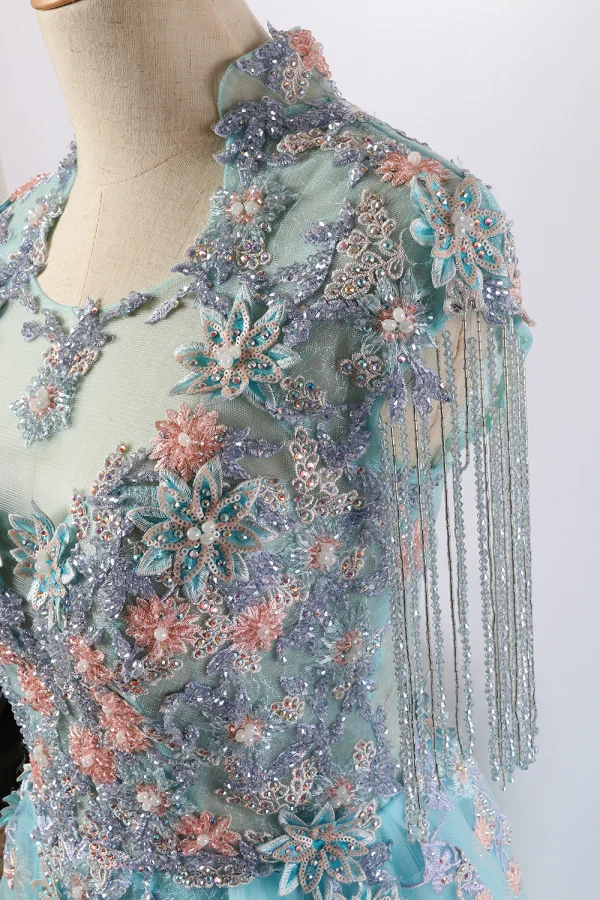 Charming Mint Green Evening Dresses 2020 A-Line / Princess U-Neck Handmade Beading Tassel Crystal Rhinestone Lace Flower Sleeveless Floor-Length / Long Formal Dresses