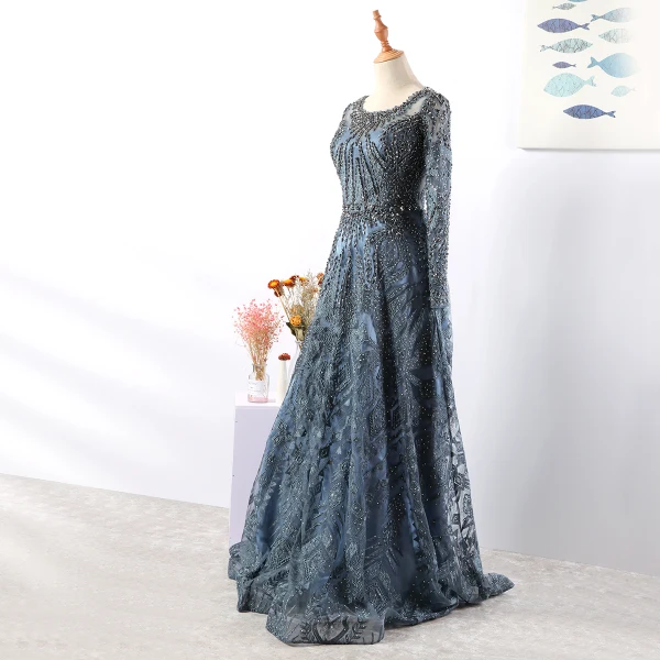 Vintage / Retro Luxury / Gorgeous Navy Blue Handmade  Beading Evening Dresses  2020 A-Line / Princess Scoop Neck Crystal Rhinestone Lace Flower Long Sleeve Backless Sweep Train Formal Dresses