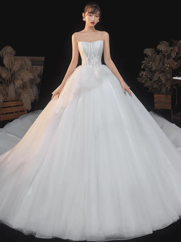 Illusion Weiß Pailletten Spitze Blumen Brautkleider / Hochzeitskleider 2021 Ballkleid Bandeau Ärmellos Rückenfreies Königliche Schleppe Hochzeit
