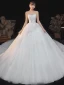 Illusion Weiß Pailletten Spitze Blumen Brautkleider / Hochzeitskleider 2021 Ballkleid Bandeau Ärmellos Rückenfreies Königliche Schleppe Hochzeit