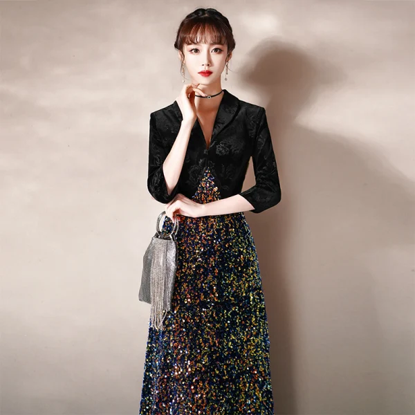 Charmant Noire Robe De Soirée 2020 Princesse Daim Col v profond Multi-Couleurs Paillettes 1/2 Manches Longue Robe De Ceremonie