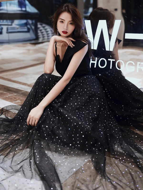 Fashion Black Evening Dresses 2020 A-Line / Princess One-Shoulder Star Sequins Sleeveless Backless Floor-Length / Long Formal Dresses