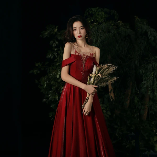 Chic / Belle Bordeaux Robe De Soirée 2020 Princesse Encolure Dégagée Faux Diamant Sans Manches Dos Nu Longue Robe De Ceremonie