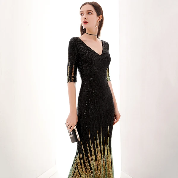 Charming Black Gold Evening Dresses  2020 Trumpet / Mermaid V-Neck Sequins 1/2 Sleeves Floor-Length / Long Formal Dresses