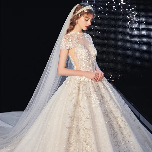 Luxury / Gorgeous Champagne Glitter Wedding Dresses 2020 A-Line / Princess Scoop Neck Beading Tassel Rhinestone Lace Flower Short Sleeve Backless Royal Train