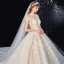 Luxury / Gorgeous Champagne Glitter Wedding Dresses 2020 A-Line / Princess Scoop Neck Beading Tassel Rhinestone Lace Flower Short Sleeve Backless Royal Train