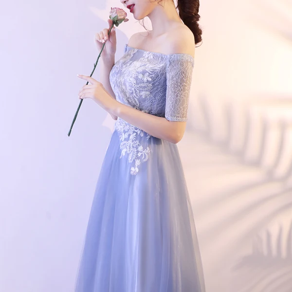 Abordable Bleu Ciel Robe De Bal 2018 Princesse En Dentelle Paillettes De l'épaule Dos Nu Manches Courtes Longue Robe De Ceremonie