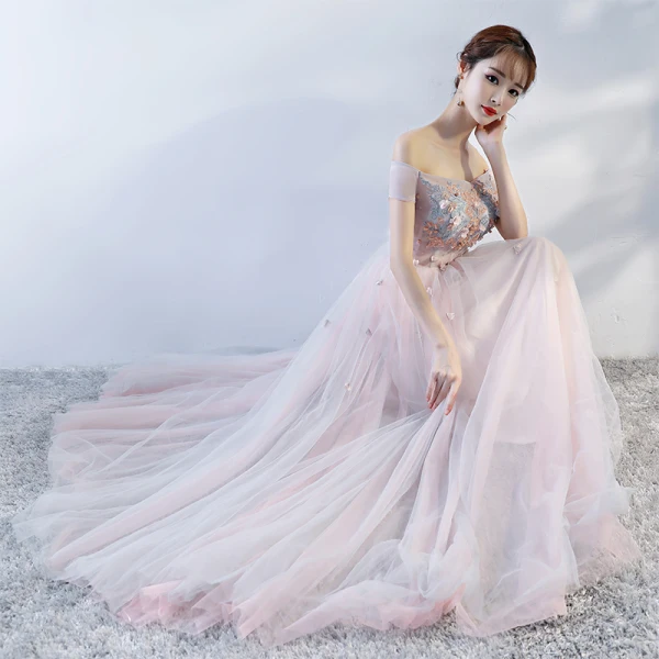 Chic / Belle Perle Rose Robe De Bal 2018 Princesse En Dentelle Appliques Cristal De l'épaule Dos Nu Sans Manches Longue Robe De Ceremonie