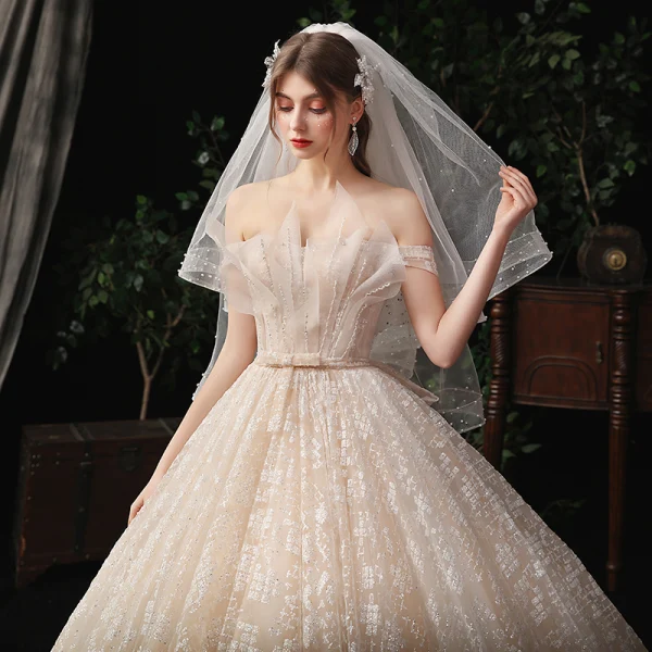 Charming Champagne Wedding Dresses 2020 A-Line / Princess Off-The-Shoulder Beading Bow Pearl Sequins Lace Flower Sleeveless Backless Court Train