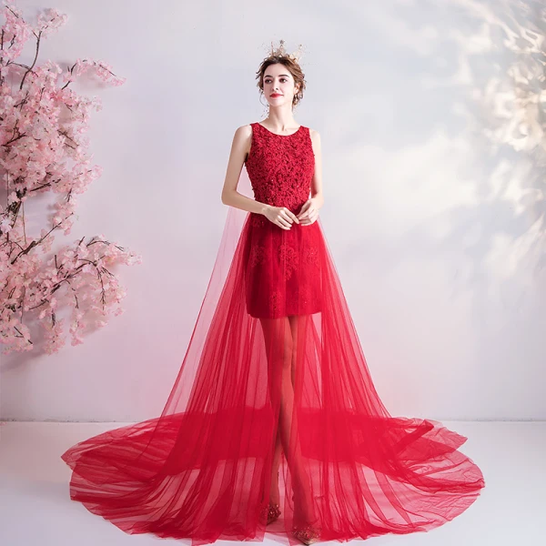 Charming Red Evening Dresses 2020 A-Line / Princess Scoop Neck Beading Sequins Lace Flower Sleeveless Cathedral Train Formal Dresses