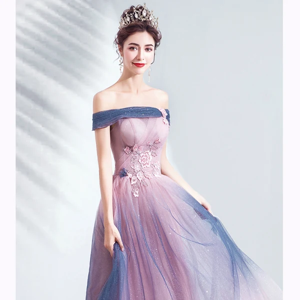 Charmant Dégradé De Couleur Rougissant Rose Robe De Soirée 2020 Princesse De l'épaule Glitter Perlage Cristal Paillettes En Dentelle Fleur Sans Manches Dos Nu Longue Robe De Ceremonie