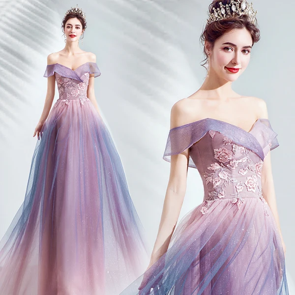 Charmant Rougissant Rose Glitter Robe De Soirée 2020 Princesse De l'épaule Perlage Cristal Paillettes En Dentelle Fleur Sans Manches Dos Nu Longue Robe De Ceremonie