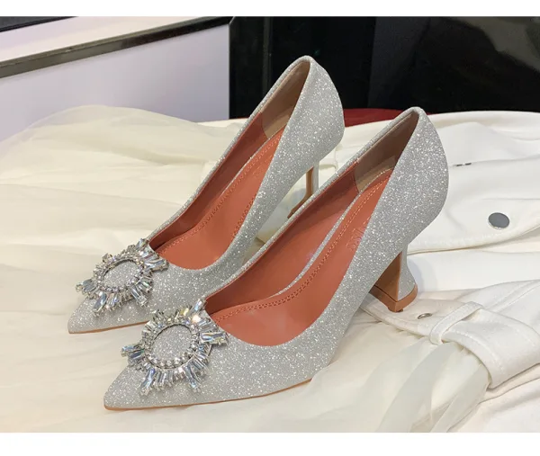 Sparkly Silver Evening Party Pumps 2020 Rhinestone Sequins 7 cm Stiletto Heels Pointed Toe Pumps