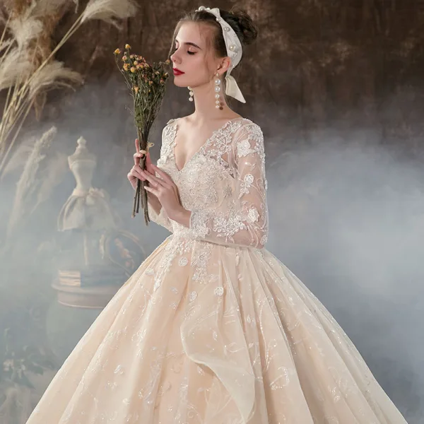 Elegant Ball Gown Champagne Empire Pregnant Wedding Dresses 2020 V-Neck Beading Sequins Lace Flower Long Sleeve Backless Cathedral Train