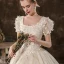 Elegante Champagner Ballkleid Brautkleider / Hochzeitskleider 2020 Eckiger Ausschnitt Perlenstickerei Pailletten Applikationen Kurze Ärmel Rückenfreies Kathedrale Schleppe
