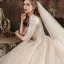 Charmant Champagne Robe De Mariée 2020 Princesse Encolure Dégagée Perlage Paillettes En Dentelle Fleur 3/4 Manches Dos Nu Cathedral Train