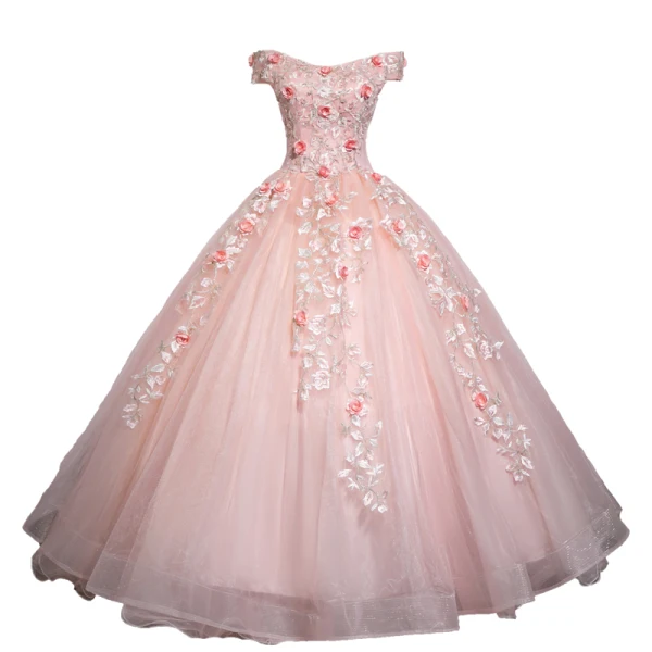 Chic / Beautiful Blushing Pink Prom Dresses 2020 Ball Gown Off-The-Shoulder Beading Pearl Appliques Lace Flower Short Sleeve Backless Floor-Length / Long Formal Dresses