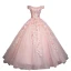 Chic / Beautiful Blushing Pink Prom Dresses 2020 Ball Gown Off-The-Shoulder Beading Pearl Appliques Lace Flower Short Sleeve Backless Floor-Length / Long Formal Dresses