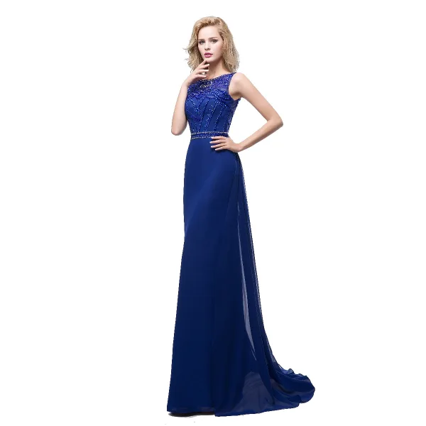 Modern / Fashion Royal Blue Chiffon See-through Evening Dresses 2018 A-Line / Princess Scoop Neck Sleeveless Pearl Rhinestone Beading Sweep Train Ruffle Formal Dresses