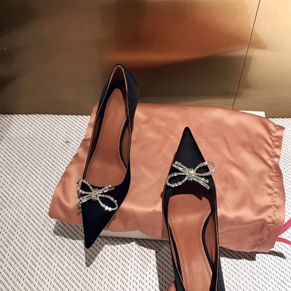 Chic / Beautiful Black Evening Party Rhinestone Bow Pumps 2021 Leather 8 cm Stiletto Heels Pointed Toe Pumps High Heels