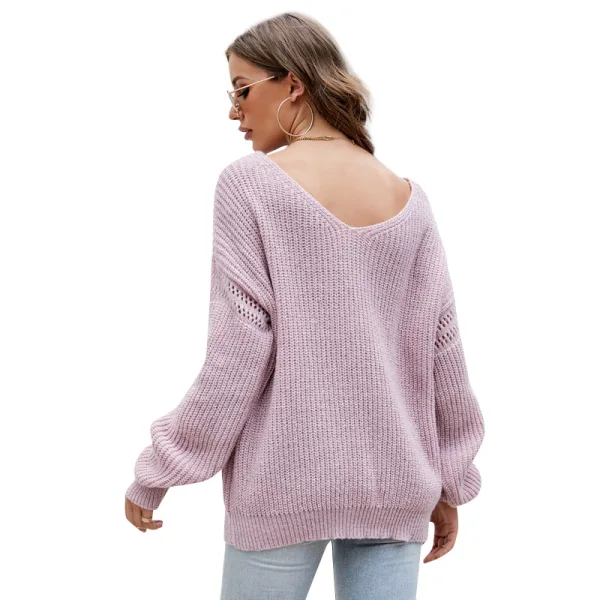Comfortable Casual Fall Winter Brown Knitting Sweaters 2021 V-Neck Long Sleeve Loose Women Tops
