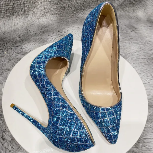 Sparkly Ocean Blue Sequins Cocktail Party Evening Party Pumps 2021 12 cm Stiletto Heels Pointed Toe Pumps High Heels