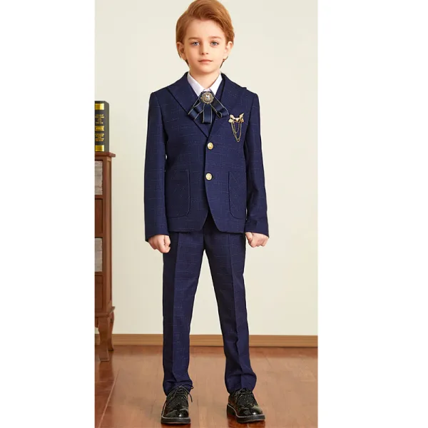 Navy Blue 5-piece Boys Wedding Suits 2021 Coat Pants Shirt Tie Long Sleeve Boys Wedding Suits