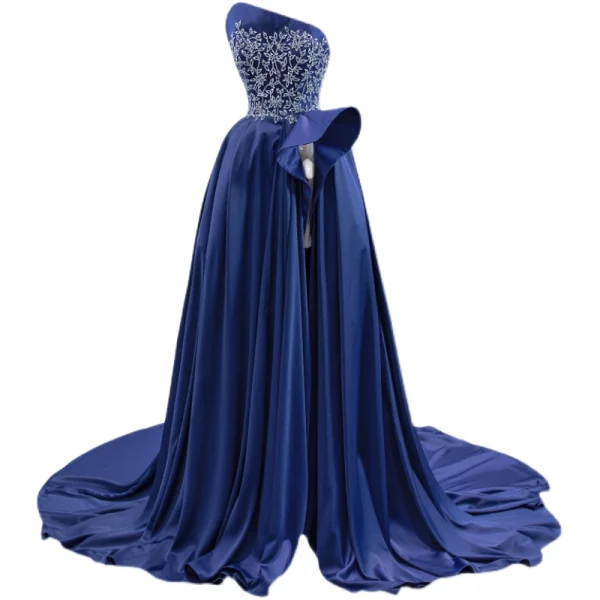 Haut de Gamme Bleu Marine Satin Fendue devant Robe De Bal 2021 Princesse Bustier Perlage Faux Diamant Sans Manches Dos Nu Tribunal Train Robe De Ceremonie