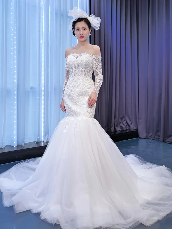 High-end White Wedding Dresses 2021 Trumpet / Mermaid Off-The-Shoulder Lace Flower Long Sleeve Backless Court Train Wedding